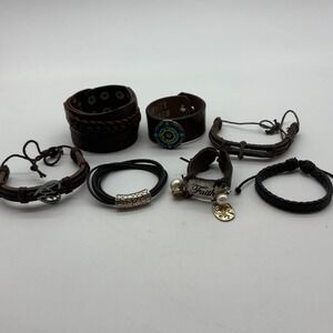 Lot of‎ 7 Leather Bracelets Cross Faith Heart Southwest Cuffs Braided Magnetic